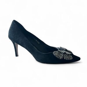 Alomore Black‎ Suede Rhinestone Bow Flats 7.5 Pointed Toe Leather Sole heels